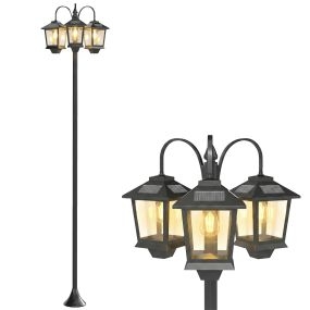 Farola solar exterior de jardín de aluminio negro con 3 cabezales, IP44, 40x34,5x188 cm