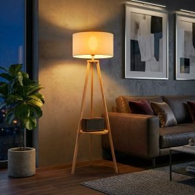 Lámpara de pie trípode con estante y pantalla de lino beige y natural para salón oficina dormitorio