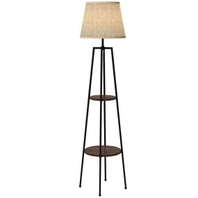 Lámpara de Pie con 2 Estantes de Almacenaje, Lámpara de Pie para Salón con Base E27, 40W, Interruptor de Cadena, Pantalla de Tela, para Dormitorio, Oficina, Marrón