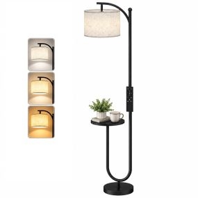 Lámpara de Pie LED Regulable con Estante Lámpara de Pie para Salón con 11 Temperaturas de Color y Brillos Pantalla Ajustable Mando RF e Interruptor de Pie Temporizador para Dormitorio Negro