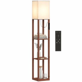 Lámpara de Pie con 3 Estantes, Lámpara de Pie para Salón con Luz LED Regulable, Brillo Ajustable, Control Táctil y Remoto, Pantalla de Tela, Bombilla Incluida, Marrón