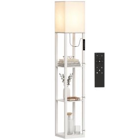 Lámpara de Pie con 3 Estantes, Lámpara de Pie para Salón con Luz LED Regulable, Brillo Ajustable, Control Táctil y Remoto, Pantalla de Tela, Bombilla Incluida, Blanco