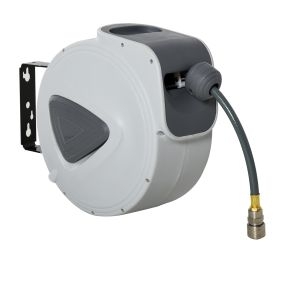 Carrete de manguera de aire comprimido automático 15 m conector 1/4'' BSP soporte pared giratorio 180° gris