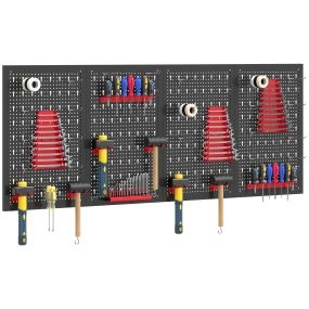 4 Paneles de Herramientas de Pared, 38 Piezas, cada panel 60x40 cm, Organizador de Herramientas de Pared con Ganchos y Estantes, para Garajes y Bricolaje, Negro y Rojo