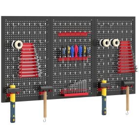 3 Paneles de Herramientas de Pared, 28 Piezas, cada panel 60x40 cm, Organizador de Herramientas de Pared con Ganchos y Estantes, para Garajes y Bricolaje, Negro y Rojo