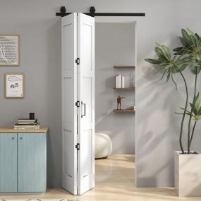 Puerta Corredera Plegable con Herrajes 91,4x213,4 cm, Puerta Corredera Interior con Rodillo, Riel de Acero, Guía de Suelo, Manija, para Baño, Salón, Sala de Estar, Blanco