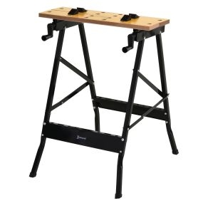Mesa de trabajo plegable con abrazadera y 2 manivelas, hierro y MDF, 60,5x62,5x78,5 cm, natural y negro