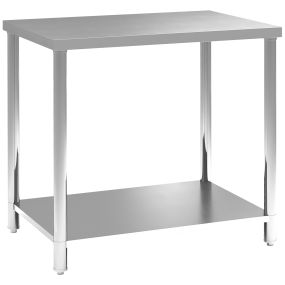 Mesa de trabajo de acero inoxidable con 2 estantes, 90x60x86 cm, plata, carga 100 kg