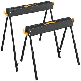 Set de 2 Caballetes para Sierra Plegables, Banco de Trabajo, Altura Ajustable, para Madera 2x4, con Asa, Ganchos, Base Antideslizante, para Carpintería y Bricolaje, Soporta hasta 500 kg, Negro