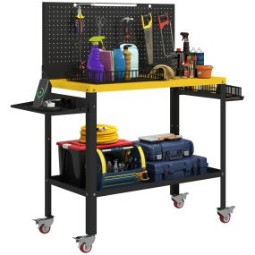 Banco de trabajo con panel perforado, ruedas, enchufes, USB, luz LED, estructura metálica, 128x49,5x127,5 cm, negro y amarillo