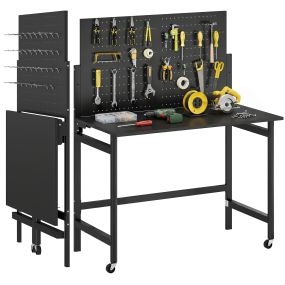 Banco de Trabajo Plegable con Tablero Perforado y Ruedas, Mesa de Trabajo Plegable con Ganchos, Marco de Acero, Banco para Garaje o Taller, 115x62x143,5 cm, Negro