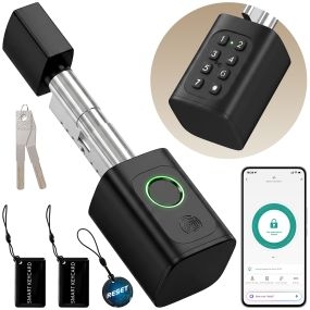 Cerradura Inteligente 5 en 1, Cerradura Electrónica con Huella, App Tuya, Bluetooth, Código, Tarjeta NFC/RF, Llave, Códigos Temporales, Registro de Accesos, para Puertas de 35-50 mm