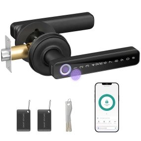 Cerradura Inteligente 5 en 1 con Manilla, Cerradura Electrónica con Huella, App Tuya, Bluetooth, Código, Tarjeta NFC/RF, Llave, Códigos Temporales, Registro de Accesos, para Puertas de 35-55 mm