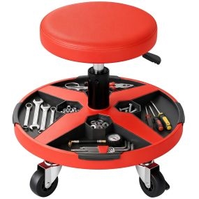 Taburete de Taller Móvil con Bandeja para Herramientas, Altura Ajustable de 40-52 cm, Carga 135 kg, Asiento Taburete para Mecánico con Ruedas, para Garaje, Reparación de Automóviles, Rojo