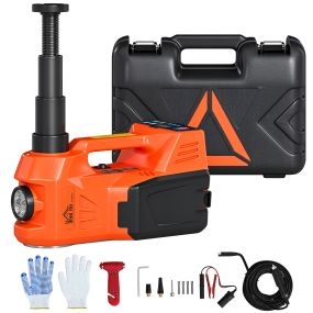 Kit de Gato Hidráulico Eléctrico de 5T 12V, Elevador de Coche Automático 143-450 mm, con Luz LED, Luces Advertencia, Bomba Aire, Llave Hexagonal, Martillo, Maletín Reflectante para SUV y Sedán