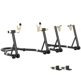 Caballete de Moto, Carga 390 kg, Soporte Delantero y Trasero Universal, Elevador de Moto de Acero con Horquillas Ajustables en U+L, Ruedas y Clips de Sujeción, Negro