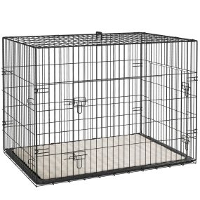Jaula para Perros Plegable, Jaula para Perros Grandes con Cojín, 2 Puertas, Bandeja Extraíble y Marco de Alambre Metálico, 90x57,5x62 cm, Negro y Beige