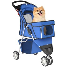 Carrito plegable para perros pequeños azul con cesta, ventanas de malla, portavasos y ruedas 10 kg 77x44x102 cm