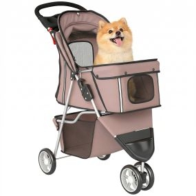 Carrito plegable para perros pequeños con cesta, ventanas de malla, portavasos, 10 kg, café