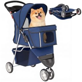 Carrito para Perros Gatos Plegable, hasta 10 kg, Cochecito para Perros Pequeños de 3 Ruedas de EVA y Frenos, con Capota Ajustable, Cesta, Ventanas de Malla, Portavasos, Azul Oscuro