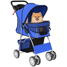 Carrito plegable para perros y gatos hasta 10 kg, ruedas EVA, frenos, azul, 77x44x102 cm