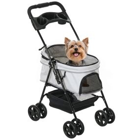 Cochecito para Perros Plegable, Carrito para Perros Pequeños de 4 Ruedas de EVA, Giratorio y Freno, Cesta, Correas de Seguridad, Capota Ajustable, Portavasos y Ventana, 67x45x96 cm, Gris Claro