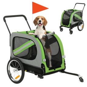 Remolque de bicicleta para perros 2 en 1 plegable verde, carga 20 kg, 134x62x101 cm