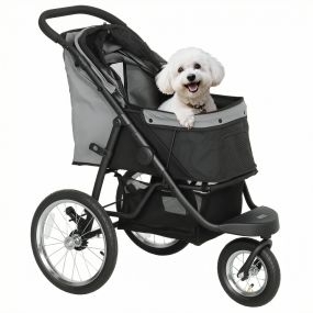 Carrito para Perros y Gatos Plegable, hasta 10 kg, Cochecito para Perros Pequeños de 3 Ruedas Grandes de Goma y Frenos, con Cojín, Cesta, Correa de Seguridad, Ventanas de Malla, Gris