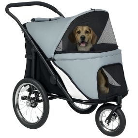 Carrito para Perros y Gatos Plegable, hasta 20 kg, Cochecito para Perros Medianos de 3 Ruedas de Goma y Frenos, con Cojín, Correa de Seguridad, Ventanas de Malla, Gris