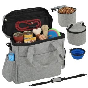 Bolso de Viaje para Perros, Bolsa de Premios con 2 Contenedores de Pienso y Cuenco Plegable de Silicona, Bolsillos, Divisor Ajustable, para Gatos y Cachorros, Portátil y Duradero, Gris Claro