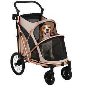 Carrito para Perros Plegable hasta 20 kg, Cochecito para Perros Medianos con Ruedas Grandes de Goma, Suspensión y Freno, Ventanas de Malla, Marco de Aluminio, Cojín, Correas, Marrón Claro