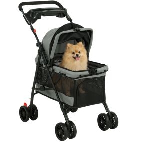 Cochecito para Perros Plegable, hasta 10 kg, Carrito para Perros Pequeños y Gatos de 4 Ruedas de EVA, Giratorio y Freno, Ventanas de Malla, Cojín Extraíble, Bandeja y Portavasos, Ligero, Gris