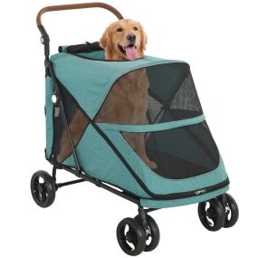 Carrito plegable para perros hasta 30 kg con suspensión, 4 ruedas, freno, cojín lavable, turquesa