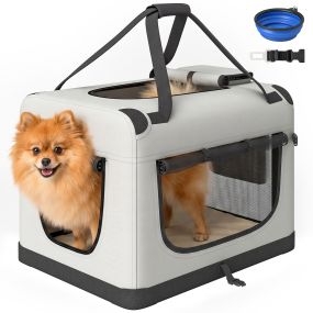 Transportín para Perros Gatos Plegable, 60x42x44 cm, Transportín para Mascotas con Correa para Coche, Cojín Lavable, Cuenco Plegable, 2 Bolsillos, para Perros Pequeños, Gris Claro