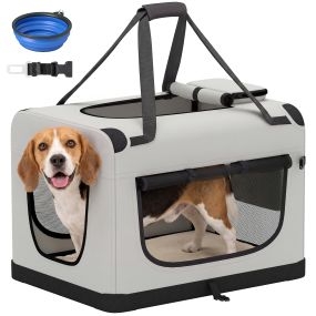 Transportín para Perros Gatos Plegable, 70x52x50 cm, Transportín para Mascotas con Correa para Coche, Cojín Lavable, Cuenco Plegable, 2 Bolsillos, para Perros Pequeños y Medianos, Gris Claro