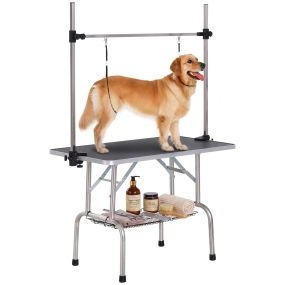 Mesa de peluquería canina plegable con cesta de rejilla, encimera antideslizante, 107x60x164 cm, negro