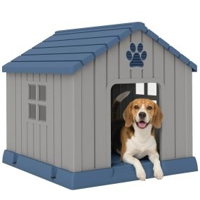 Caseta para perros exterior de plástico impermeable gris 85x79x82 cm con 2 ventanas y base elevada