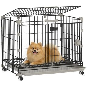 Jaula para Perros Plegable con Ruedas y Bandeja Extraíble, Puerta Deslizante, Techo Abatible, Jaula Metálica para Perros Pequeños, Cerraduras, Frenos, 60,5x45,5x54,5 cm, Negro