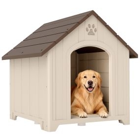 Caseta para Perros Exterior, Casa para Perros Grandes de Plástico Impermeable con 2 Ventanas, Base Elevada, Estacas, Fácil de Montar, 88x79x89 cm, Beige