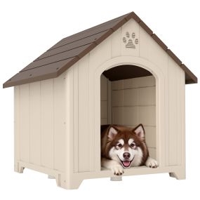 Caseta para Perros Exterior, Casa para Perros Extragrandes de Plástico Impermeable con 2 Ventanas, Base Elevada, Estacas, Fácil de Montar, 102x94x103 cm, Beige