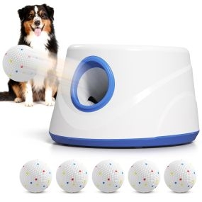 Lanzador de Pelotas para Perros Automático con 6 Pelotas ETPU, 3 Distancias Ajustables 6m/10m/14m, Juguete Interactivo, para Perros Pequeños y Medianos, Interior y Exterior, Azul
