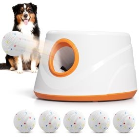 Lanzador de Pelotas para Perros Automático con 6 Pelotas ETPU, 3 Distancias Ajustables 6m/10m/14m, Juguete Interactivo, para Perros Pequeños y Medianos, Interior y Exterior, Naranja