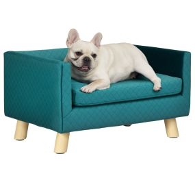 Sofá para perros pequeños 64x45x36 cm tapizado en terciopelo azul verdoso con cojín lavable y patas de madera de abedul hasta 8 kg