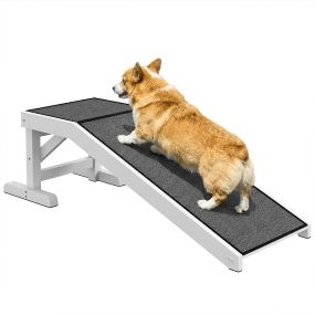 Rampa de madera para perros y mascotas con alfombra antideslizante 125x40x35,5 cm blanco y gris