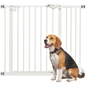 Barrera de seguridad extensible para perros 74-94 cm, blanca, cierre automático y doble bloqueo