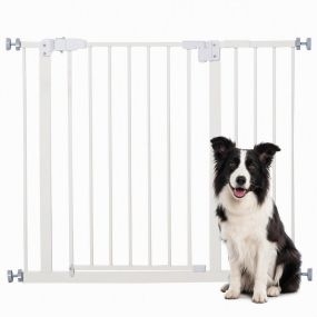 Barrera de seguridad metálica para perros ajustable con cierre automático 74-97,5x76,2 cm blanco