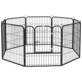 Parque para mascotas de 8 paneles 80x80 cm con puerta y doble pestillo metálico negro