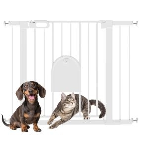 Barrera de seguridad para perros extensible 75-103 cm con puerta pequeña, 2 extensiones, blanca