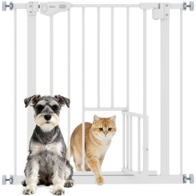 Barrera de seguridad extensible para perros con puerta, cierre automático y doble bloqueo, 74-80x76,2 cm, blanco