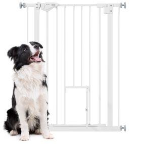 Barrera de seguridad extensible para perros con puerta, cierre automático y doble bloqueo, 74-80x91,4 cm, blanco
